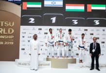 Israelische volkslied gespeeld in Abu Dhabi na Israelisch goud ju-jitsu tournooi
